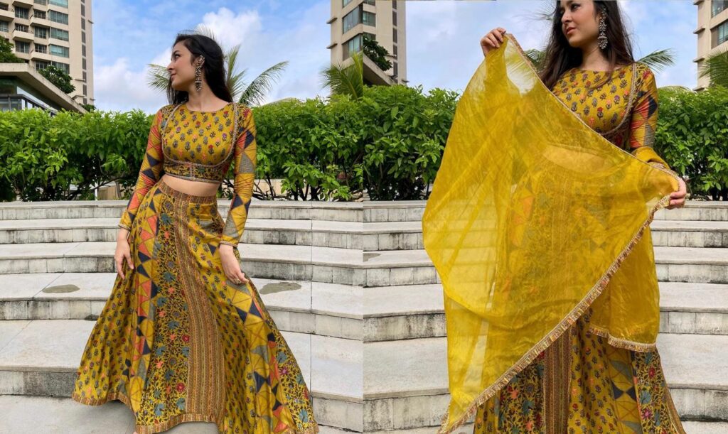 Buy Yellow Satin Organza Blend Hand Pre-draped Lehenga Saree With Blouse  For Women by Sunita Bhandari Online at Aza Fashions.